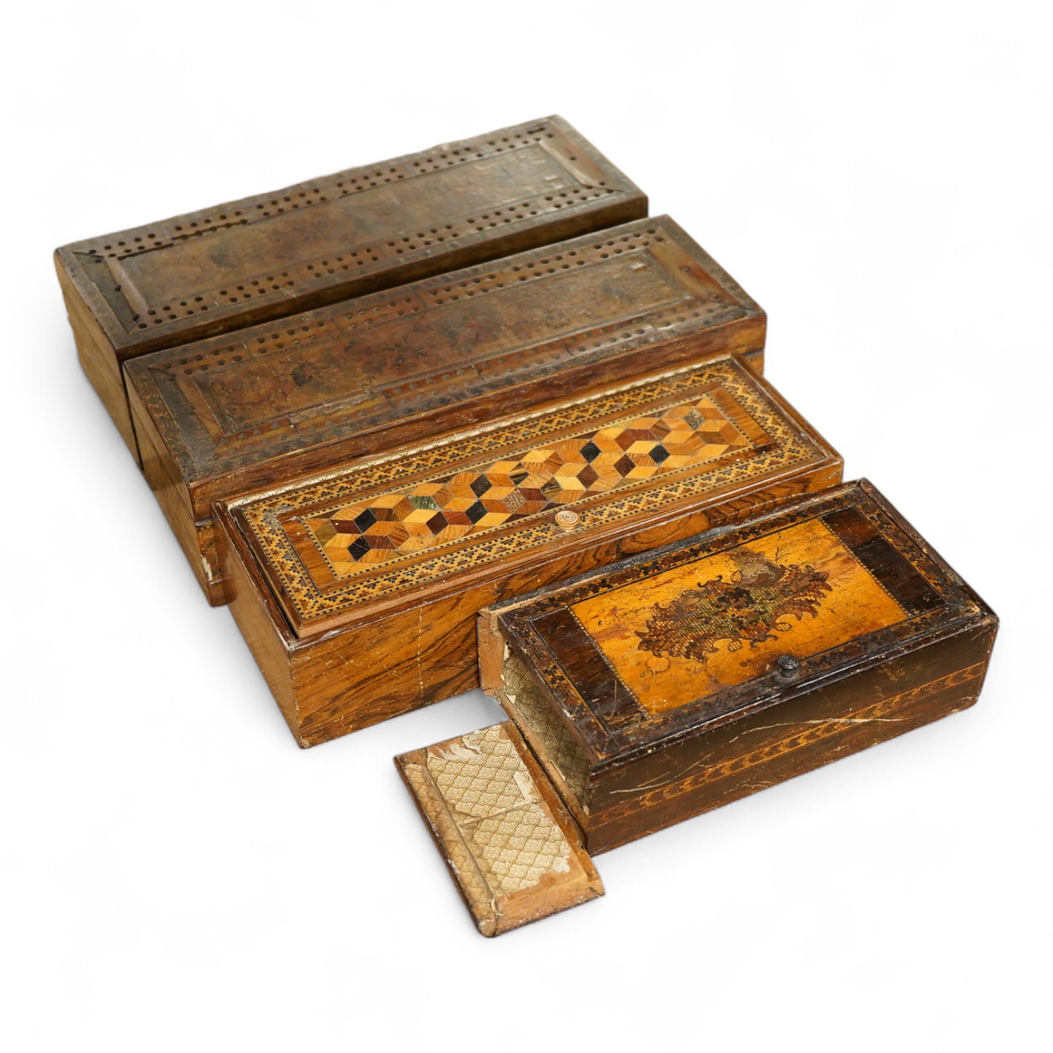 Tunbridge ware - two cribbage board boxes, a sewing box with accessories and another box, largest 26cm wide